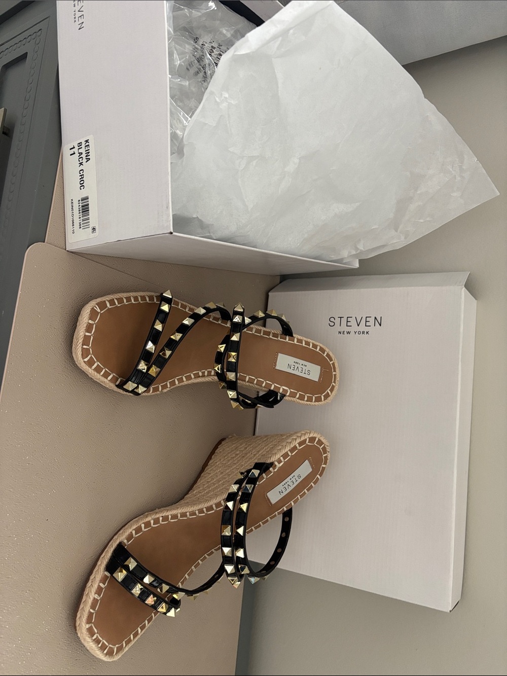 Steven By Steve Madden Black Studded Espadrille Wedge Sandals